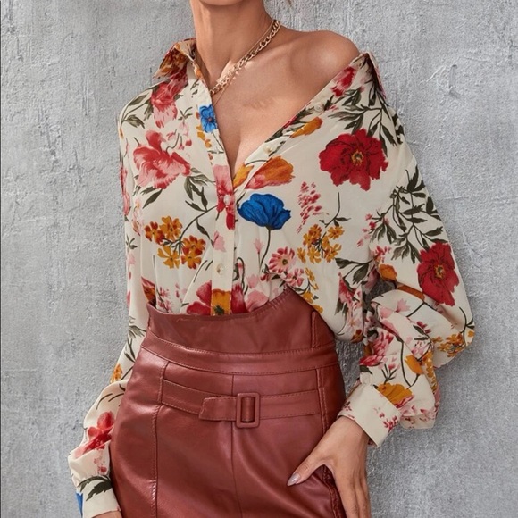 Floral blouse button collar shirt summer spring top flower long sleeve shirt - Picture 5 of 6